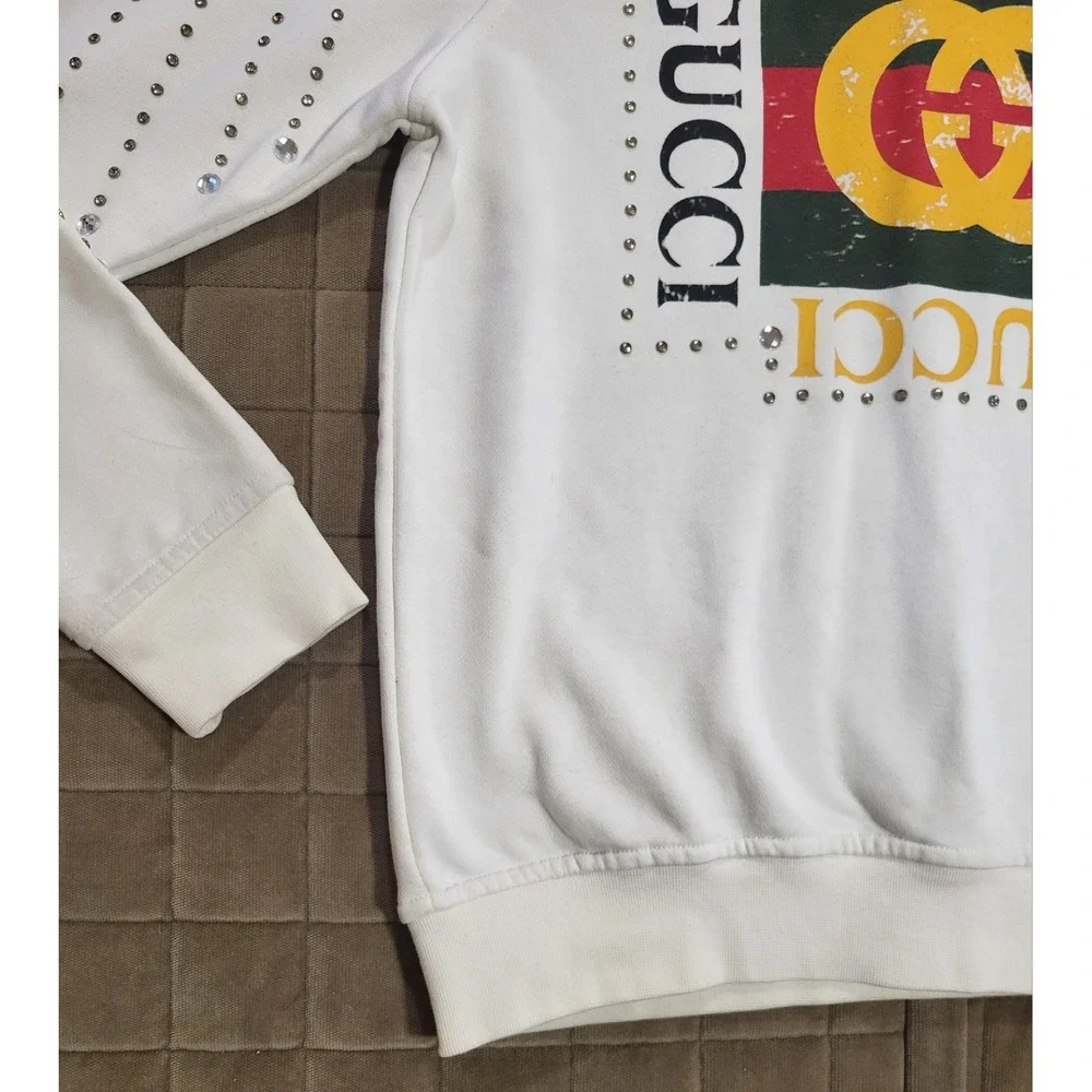 Gucci Distressed Logo Print Hoodie Ivory Size Medium W/Rhinestone Diamonds